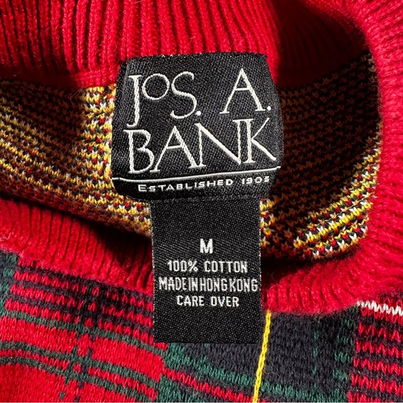 Vintage Grandpa Sweater Mens M Jos A Bank Plaid Red Pure New Wool Crewneck 90s - Picture 4 of 5